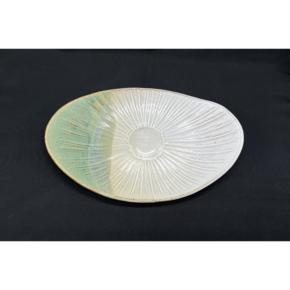 Studio Pottery Asymmetrical Sunburst Serving Bowl Green White Stoneware 12in